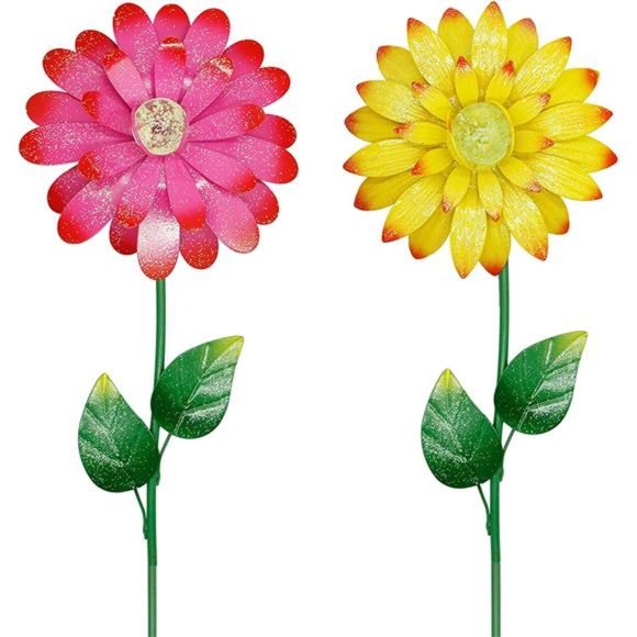 25 Inch Flower Garden Stakes Decor, Shaking Head Metal Outdoor - Set of 2 - Picture 2 of 4